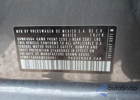 2019 Volkswagen Golf Alltrack Tsi S/Tsi Se/Tsi Sel from USA, damaged, VIN 3VWH17AU6KM520081